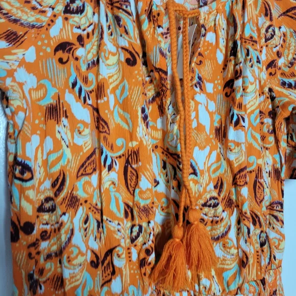 NWT Aerie Smocked Waist Mini Dress Orange Floral Tiered Ruffle Hem 100% Cotton M - Picture 9 of 16